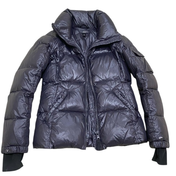 Aqua black puffer zip up jacket detachable faux tan fur trimmed hoodie small - Picture 6 of 16